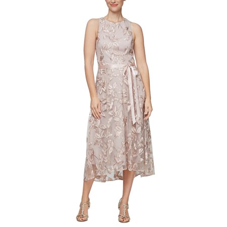 Alex Evenings Crew Neck Sleeveless Back Zipper Midi Embroidered Dress-CHAMPAGNE / 6