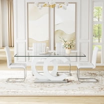 5-Piece 70" Glass Dining Table set, Tempered Glass Tabletop with OC Shape Frame & Stainless Steel Base, 4 PU Cantilever Chairs with Stainless Steel Legs