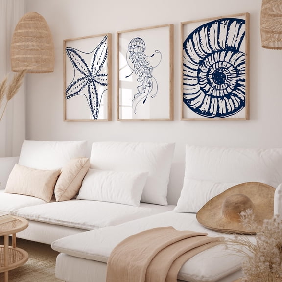 Coral Seaweed Navy Blue Prints Beach Gallery Wall Coastal Nautical Decor Version 3 Set 3 Unframed Paper Print 8x12