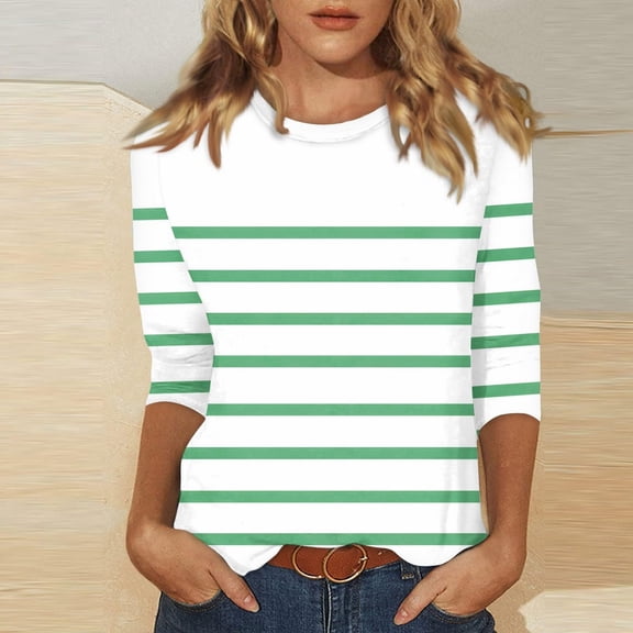 Zysthvn 3/4 Sleeve Casual Tops for Women Summer Striped Plus Size Womens T Shirt Crew Neck Loose Fit Breathable