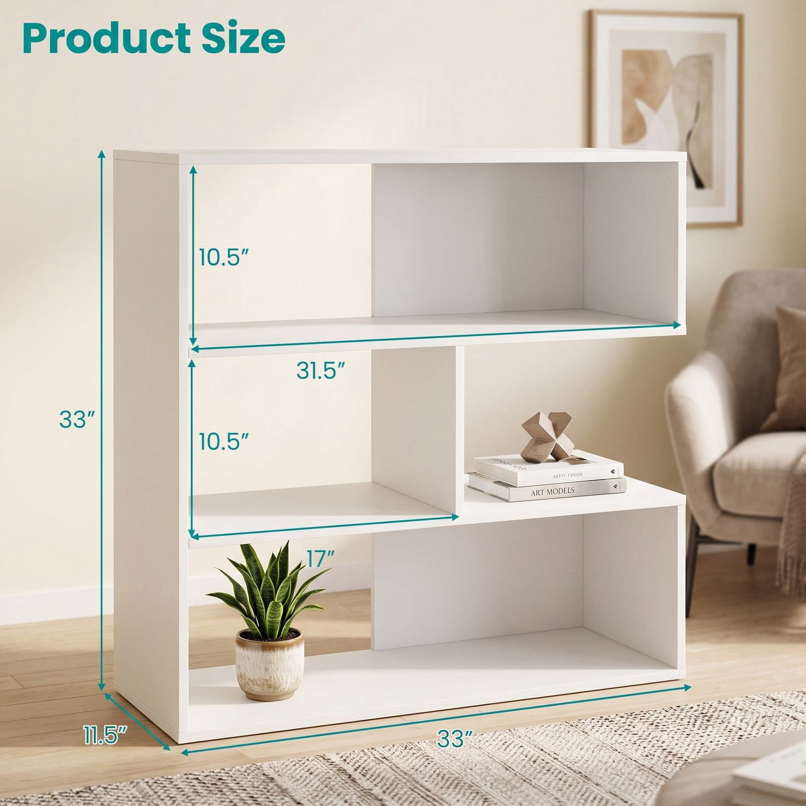 Furnibear Concave Geometric Bookshelf, 3-Tier Open Bookcase with Anti-Tipping Kit for Living Room Bedroom Study Office, Freestanding Display Storage Shelf Unit, White