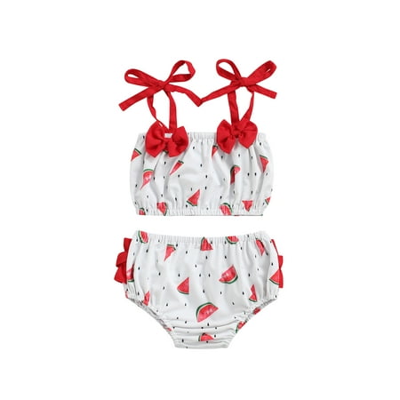 

Toddler Girls Watermelon Printed Two-Piece Swimsuit Sleeveless Bow-Knot Crop Top + Elastic Shorts Outfits Set