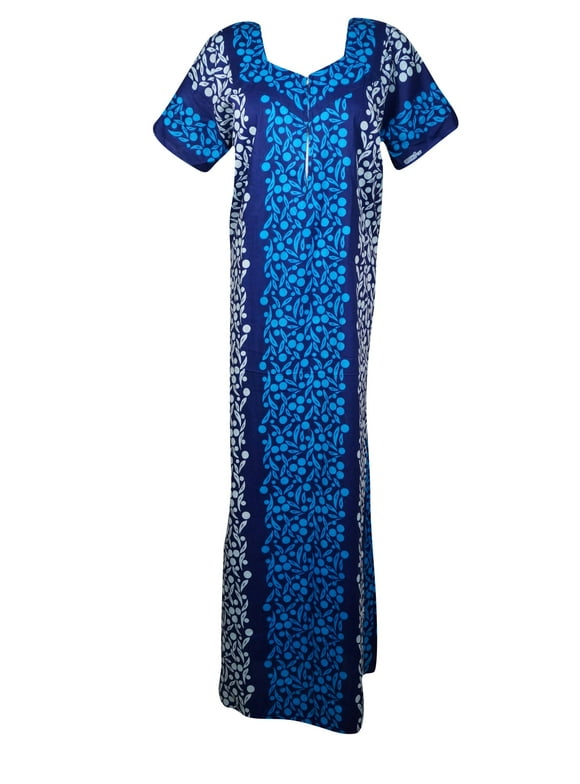 Mogul Women Blue Maxi Kaftan Dress Floral Print Front Zip Sleepwear, Maternity, Loose Housedress, Cover Up Nightwear XL