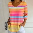 thumbnail image 5 of Uootdi Summer Tops for Women V Neck Horizontal Stripe Gradient 3/4 Sleeve Curved Hem Loose Fit Tops Coastal Stroll Lightweight Orange Tops Women, 5 of 7