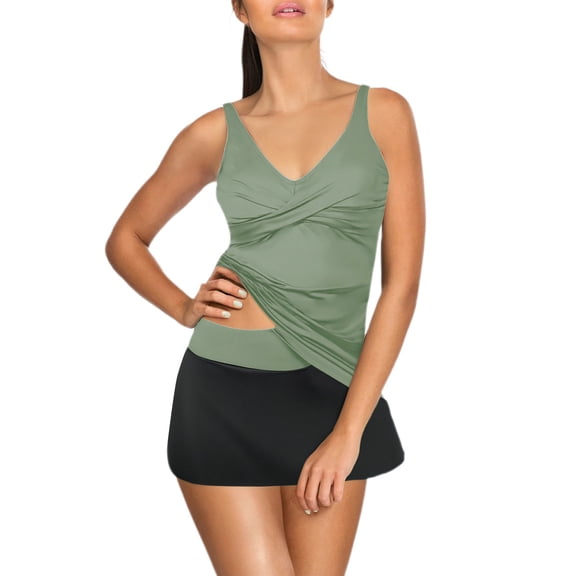 Baqcunre Tankini Swimsuits for Women, Womens Tankini Bathing Suits with Skirt Two Piece Swimsuits Ladies Swimwear, Women's Swimwear 1PC Army Green L