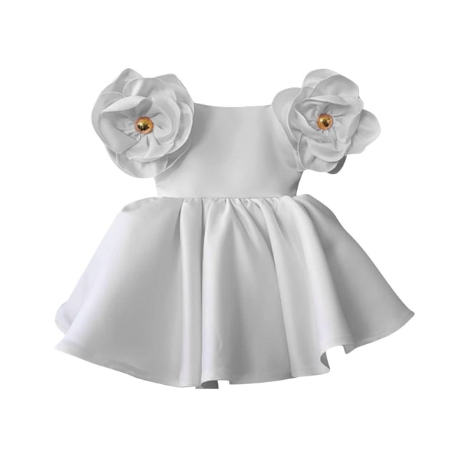 Vestido Para Niñas, Ropa Para Niñas Pequeñas, Color Sólido, Retro, Flores 3D, Manga Corta, Vestido De Fiesta De Cumpleaños, Vestidos Para Niños, Blanco Odeerbi LM103-8881