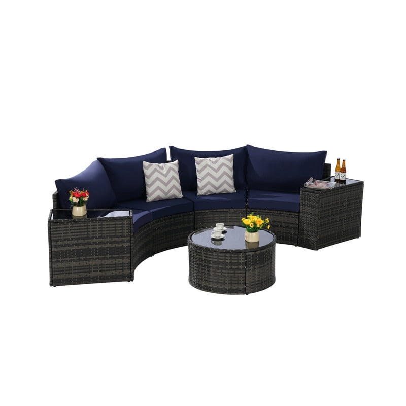 7-Piece Patio Furniture Set with Round Coffee Table, All Weather Wicker PE Rattan Half-Moon Curved Sectional Sofa Set with 2 Side Table for Backyard