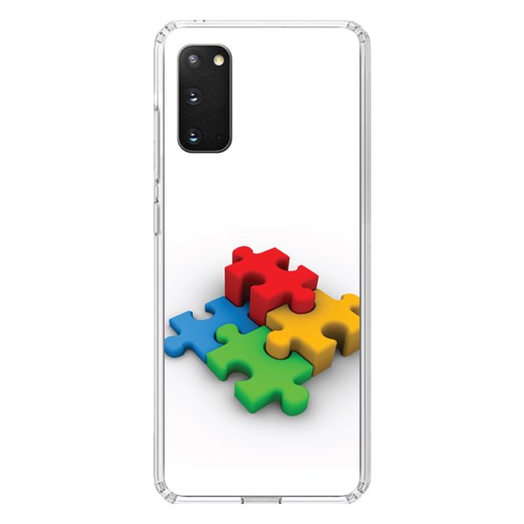 DistinctInk Clear Shockproof Hybrid Case for Galaxy S20 ULTRA / 5G (6.9" Screen) - TPU Bumper, Acrylic Back, Tempered Glass Screen Protector - Red Blue Yellow 3D Puzzle Pieces - Austism Awareness