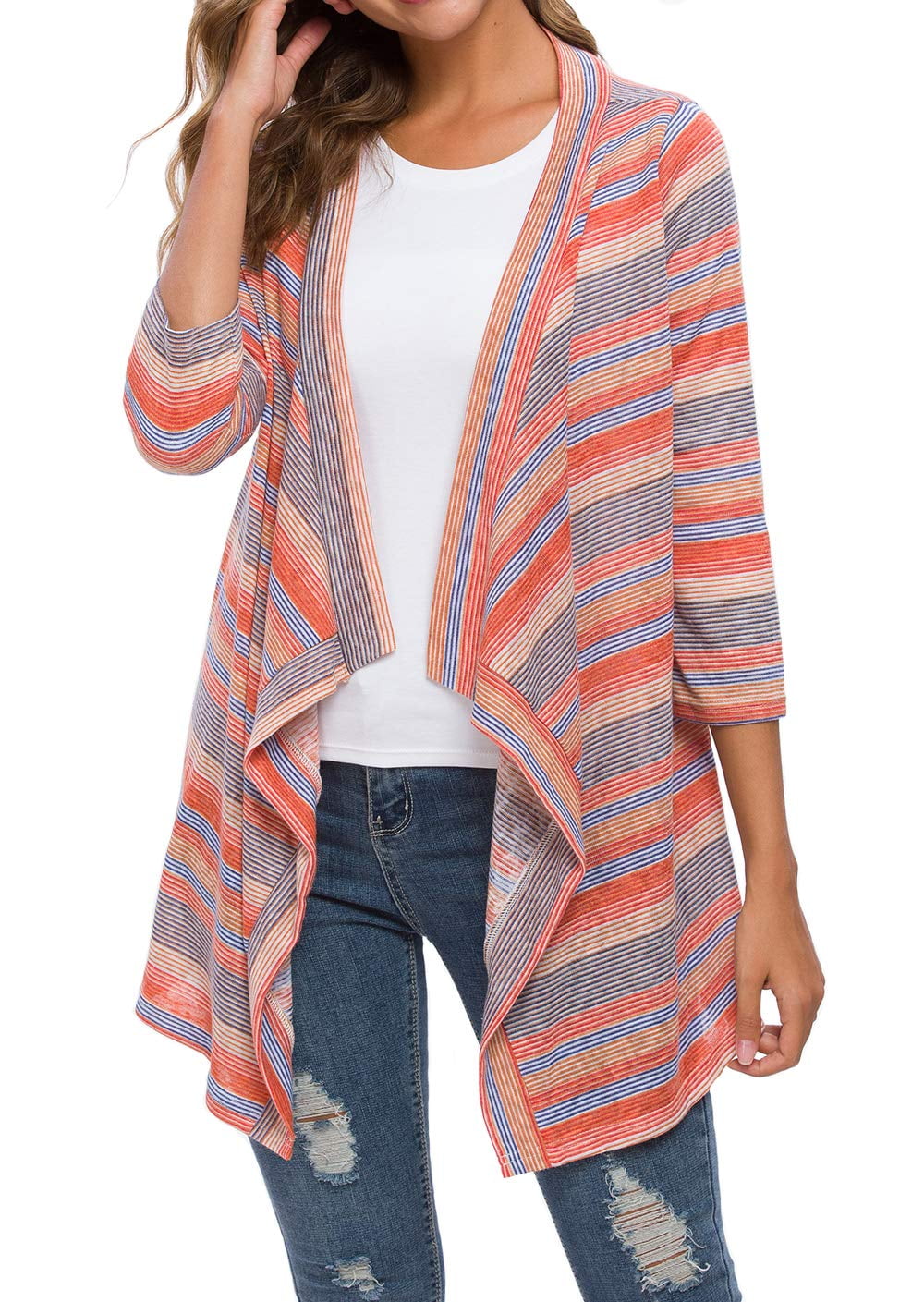 Womens 3/4 Sleeve Cardigans Striped Printed Open Front Draped Kimono Loose  Cardigan - Walmart.com