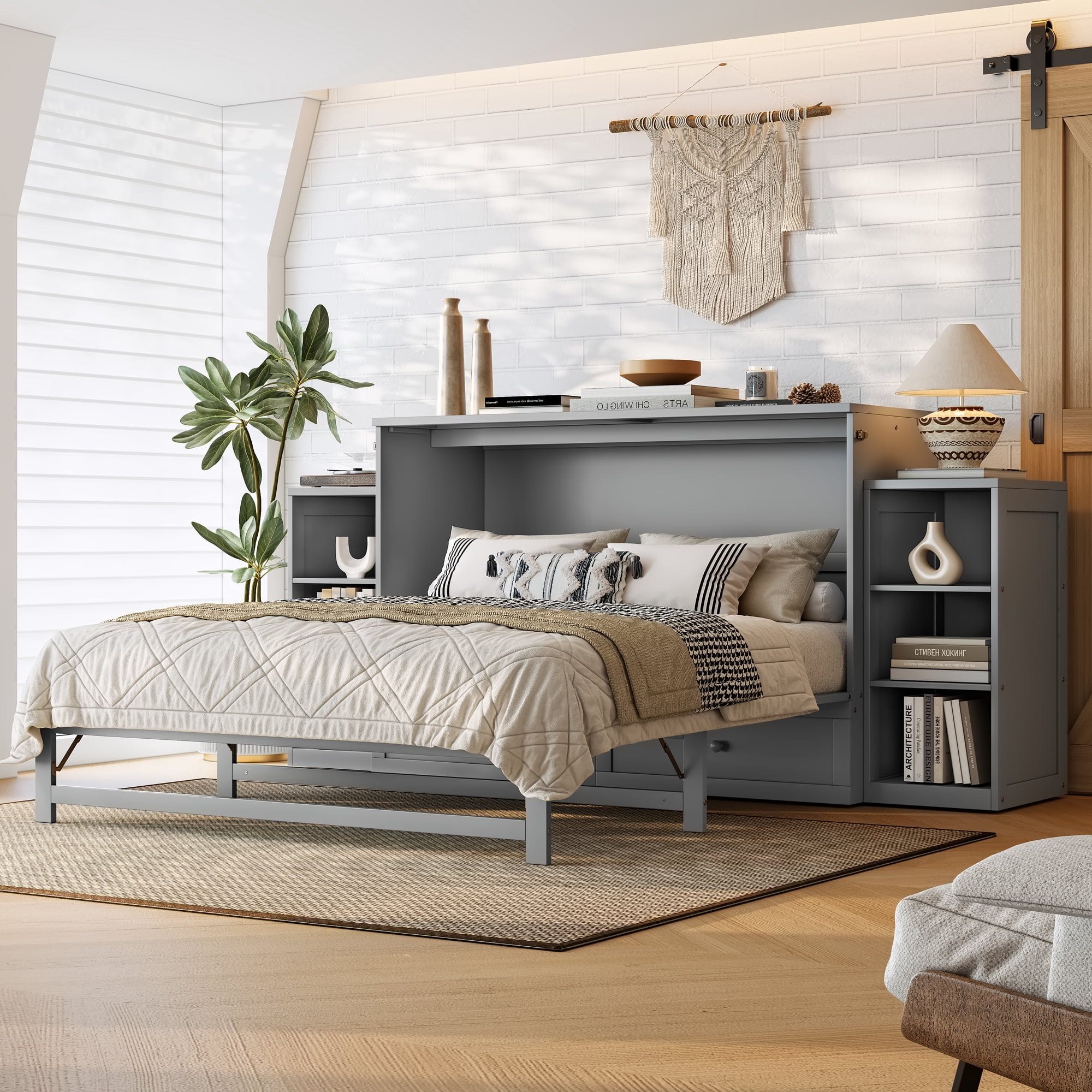 Mintazer Queen Size Murphy Bed with 6 Side Shelves & 2 Drawers, Modern Foldable Cabinet Bed for Bedroom Apartment Guest Room, Gray