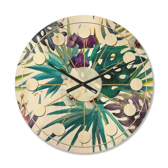 Designart 'Floral Botanical Design Retro II' Mid-Century Modern Wood Wall Clock