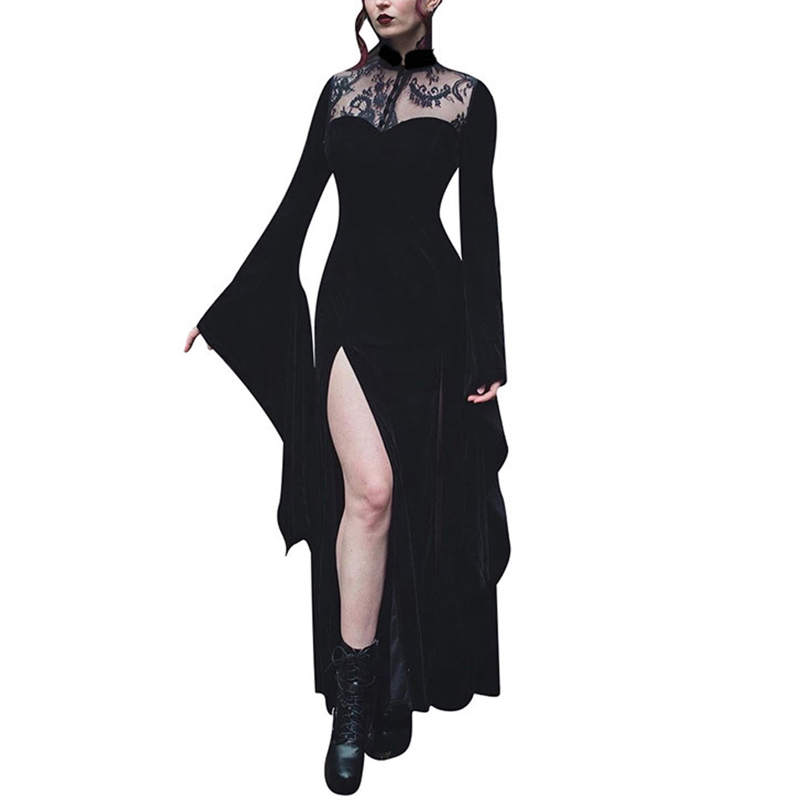 Costume Da Morticia Addams Da Donna Lungo Fino A Terra | Abito Gotico A Sirena Con Scollo A V E Maniche Svasate, Nero
