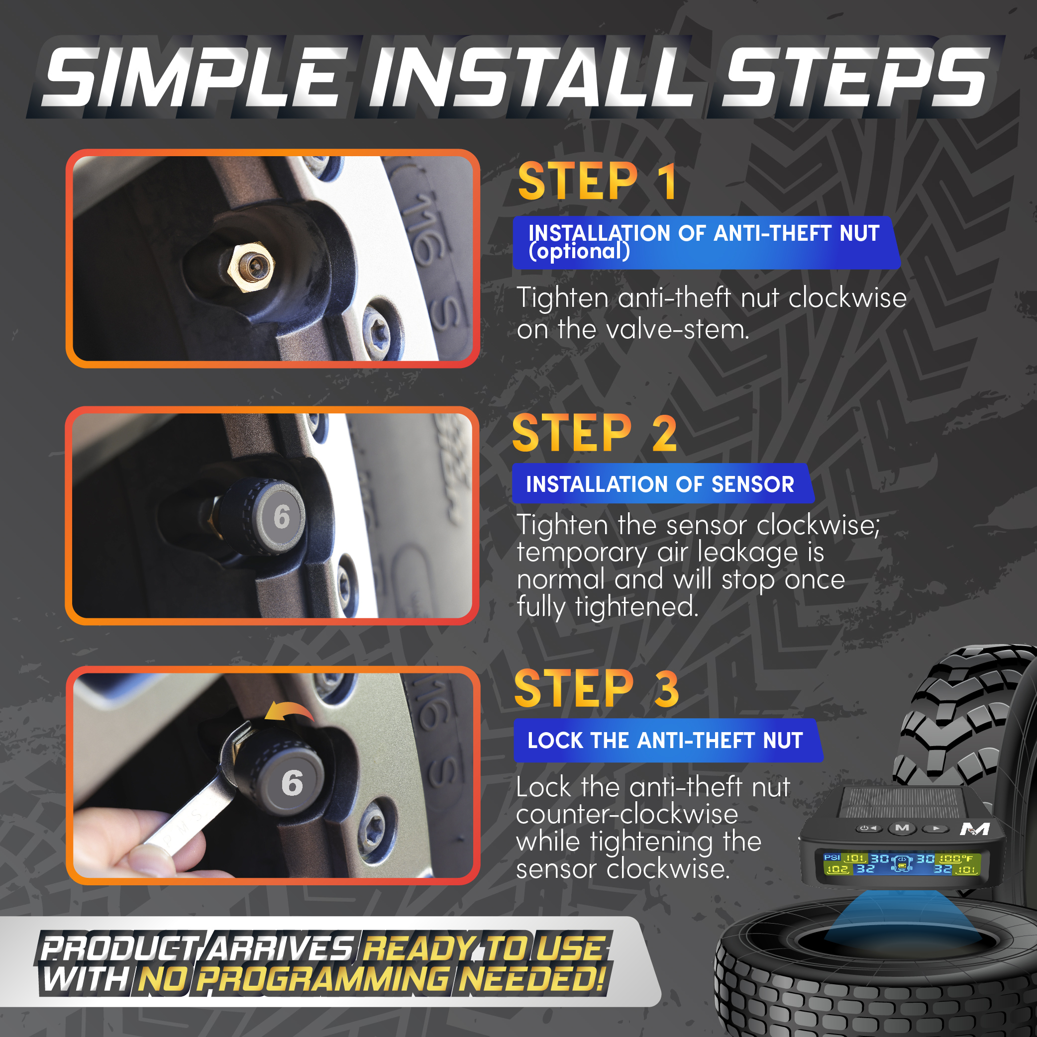 Marcala 2026 V2.0 TPMS Sensors Set of 4 | 50ft Extended Range Version | Tire Pressure Sensors Pack of 4 | 0-98PSI for RV/Camper/Trailer/Truck | Solar Charge & 6 Alarm Modes | Prevent Flats & be Safer