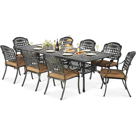 SOCIALCOMFY 9-Piece Patio Cast Aluminum Dining Set, Outdoor Table and Chairs Set for 8, Includes 94.5" Rectangular Dining Table and 8 Cushioned Chairs with Umbrella Hole for Backyard Lawn Garden, Tan