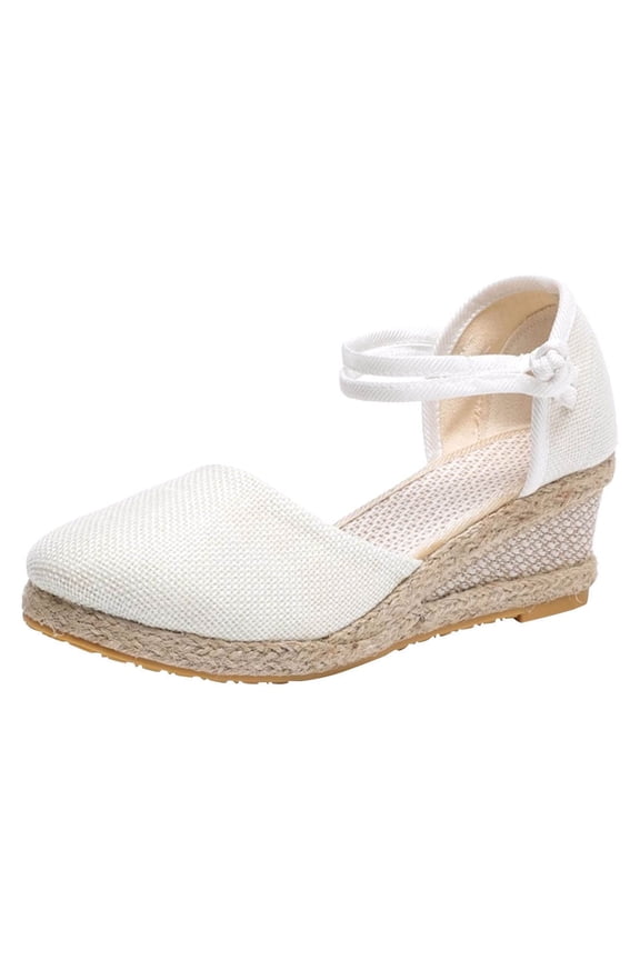 Womens Espadrilles Wedge Sandals Platform Closed Toe Ankle Strap Lace Up Summer Shoes White