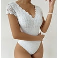 thumbnail image 5 of YYDGH Women Lace Short Sleeve Bodysuit Sexy Deep V Neck Crotch Leotard Tops White XS, 5 of 9
