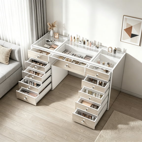 White High-Gloss Mirror Vanity Table,with Tempered Glass Tabletop,with Storage, Large Capacity Jewelry Dressing Table