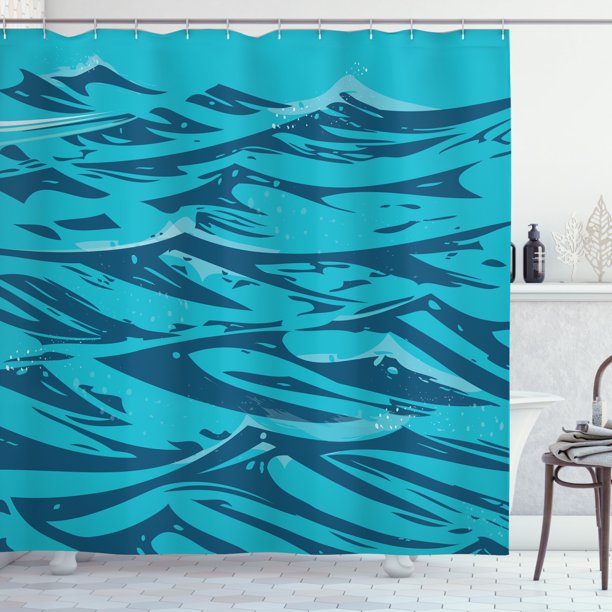 Vintage Beach Shower Curtain, Illustration of Abstract Ocean Waves Coastal Blue Simplistic