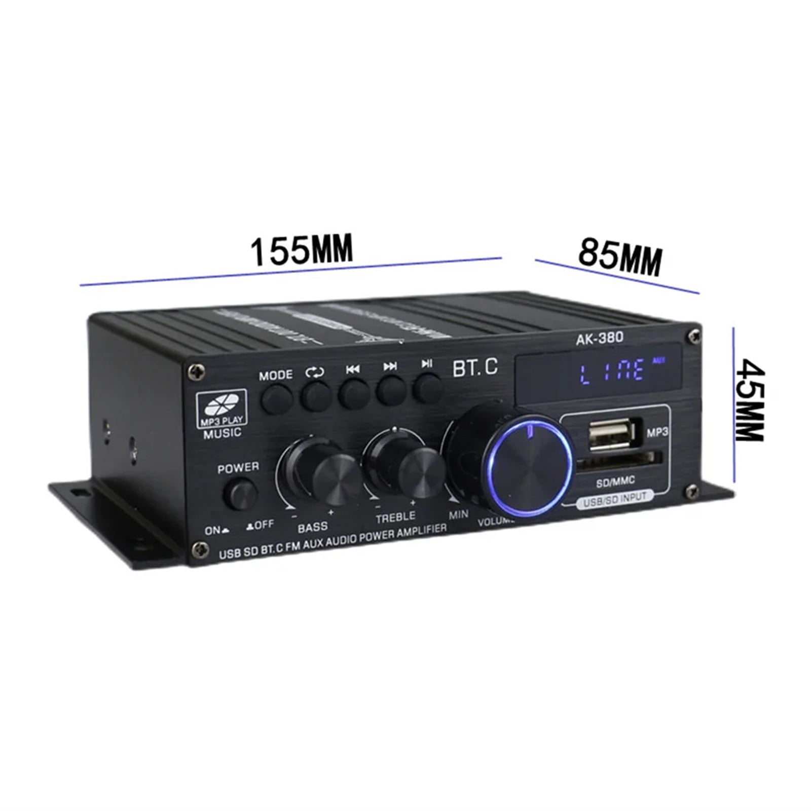 AK380 Bluetooth-Compatible Amplifier 2 Channel Subwoofer Amplifier HIFI Bass 40W+40W Music Player USB AUX for Home Car ,Low Profile Design