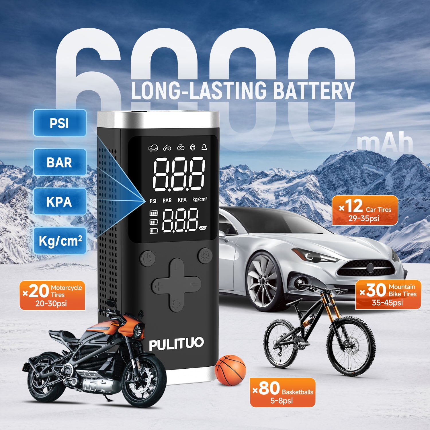 Cordless Air Compressor 150PSI, Fast 90-Second Tire Inflator with 6000mAh Battery, Digital Gauge, Dual Power Battery & 12V DC, LED Light, Portable Electric Air Pump for Car Tires, Bikes, Motorcycles
