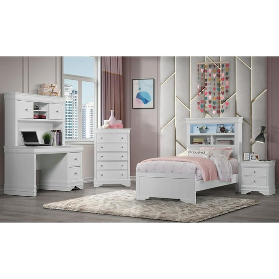 Global Furniture White Bookcase Twin Bed With Desk And Hutch, Nightstand And Chest