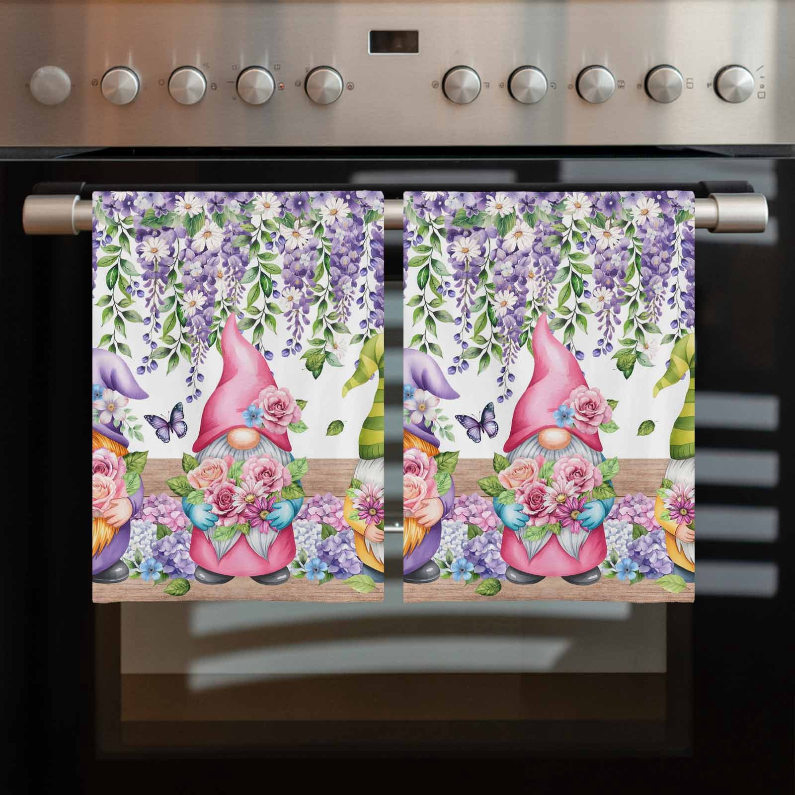 Blue Purple Gnomes Kitchen Towels Set of 3, Water Absorbent Dish Towel, Spring Country Hydrangea Flower Leaf Decorative Hand Towels - Quick Drying Cloth for Cooking Baking, 18x28 Inch