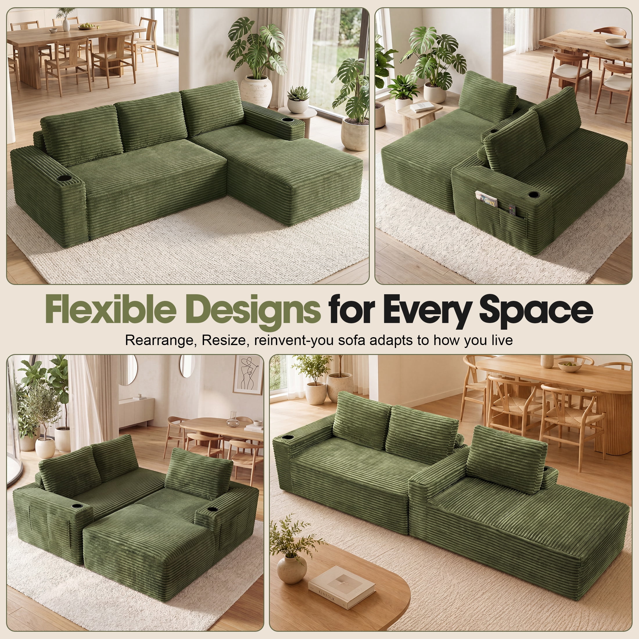 Aenkyo 104 Inch Corduroy L-Shaped Cloud Sectional Sofa with Right Facing Chaise and Cup Holders, Green