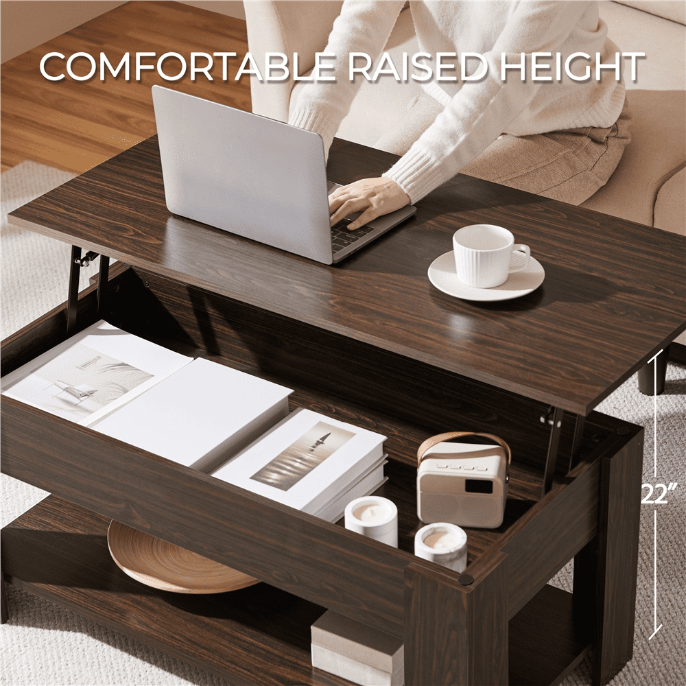Yaheetech 39In Lift Top Coffee Table with Hidden Storage Compartment & Open Shelf, Wood Lift Up Coffee Table for Living Room, Espresso