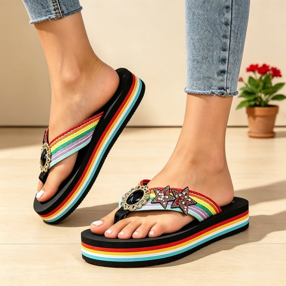 pwidon Women's Platform Wedge Flip Flops Thong Open Toe Rhinestone Star Decor Rainbow Strap Beach Walking Casual Sandals Black 5.5