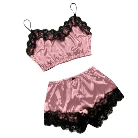 

Ichuanyi Women V-Neck Eyelash Lace Sexy Stain Camisole Pajamas Bowknot Shorts Set