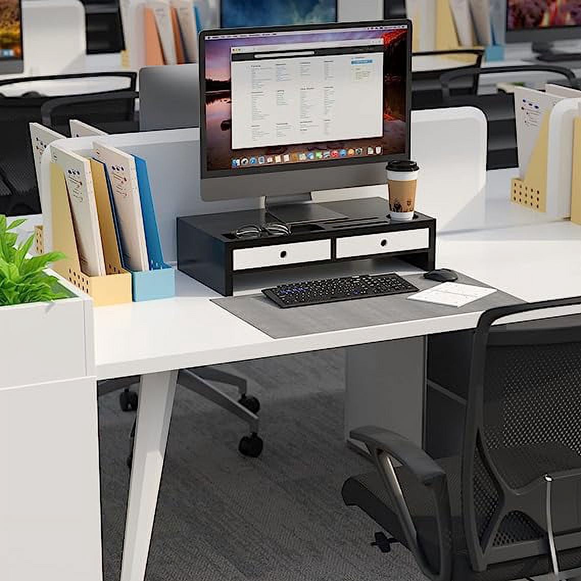 Bambloom Monitor Stand Riser and Computer Wood Desk Organizer with Drawer and Pen Holder for Laptop, Computer, iMac, 20.5Inch,Black & White