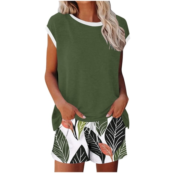 Women's 2 Piece Lounge Sets Crew Neck Short Sleeve T Shirts Drawstring Print Shorts Summer Comfy Outfits (XL, Army Green)