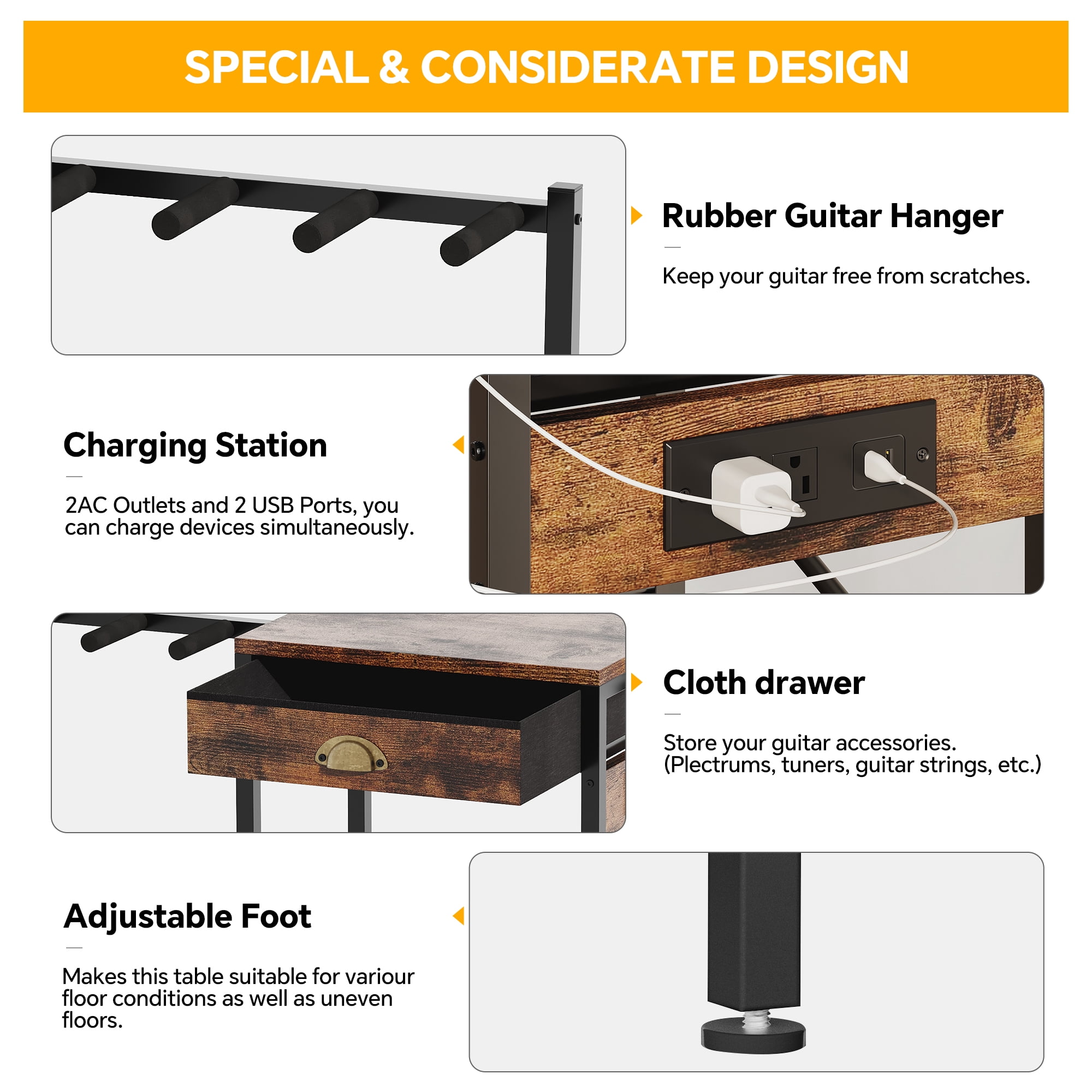 Homeiju 6-Guitar Floor Stand with Charging Station & 3-Tier Storage, Guitar Rack with Amp Stand & Cloth Drawer, Rubber Protected Guitar Holder for Studio/Home , Heavy Duty Metal Frame​