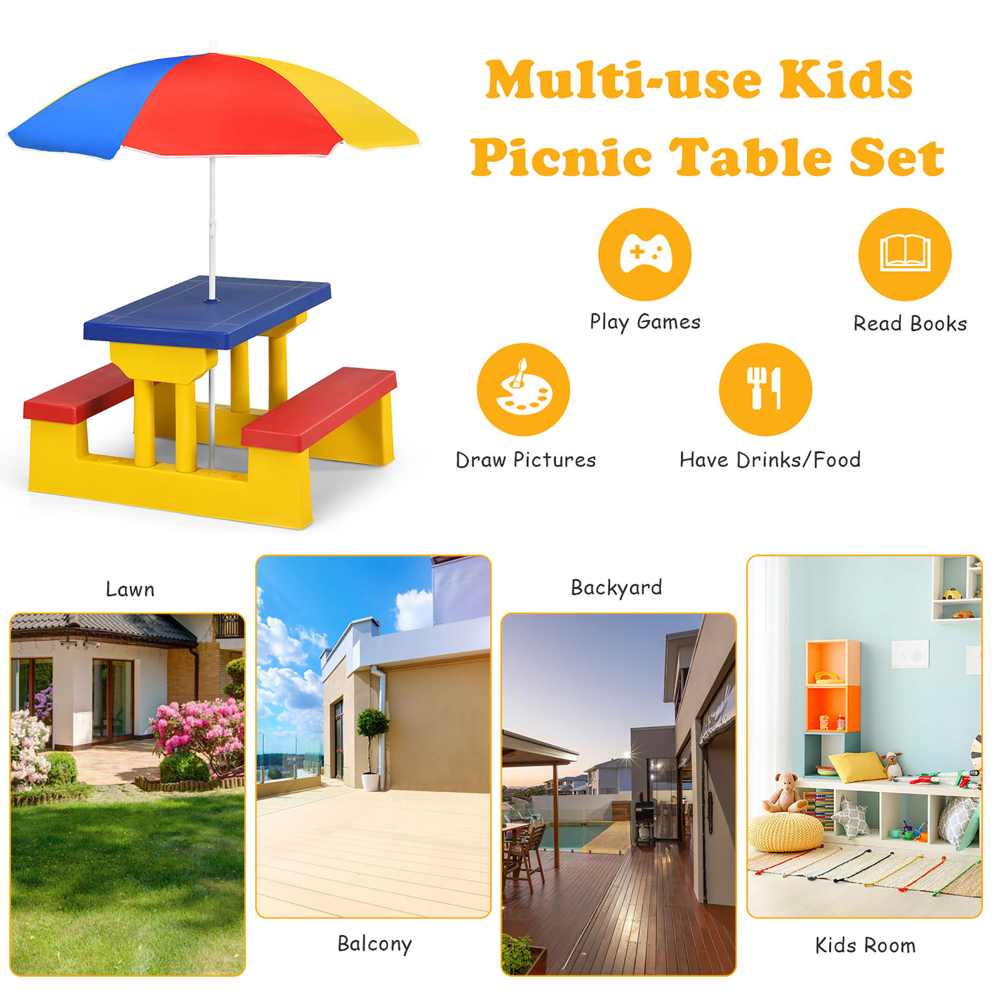 Costway Kids Picnic Table Set W/Removable Umbrella Indoor Outdoor Garden Patio - image 4 of 10