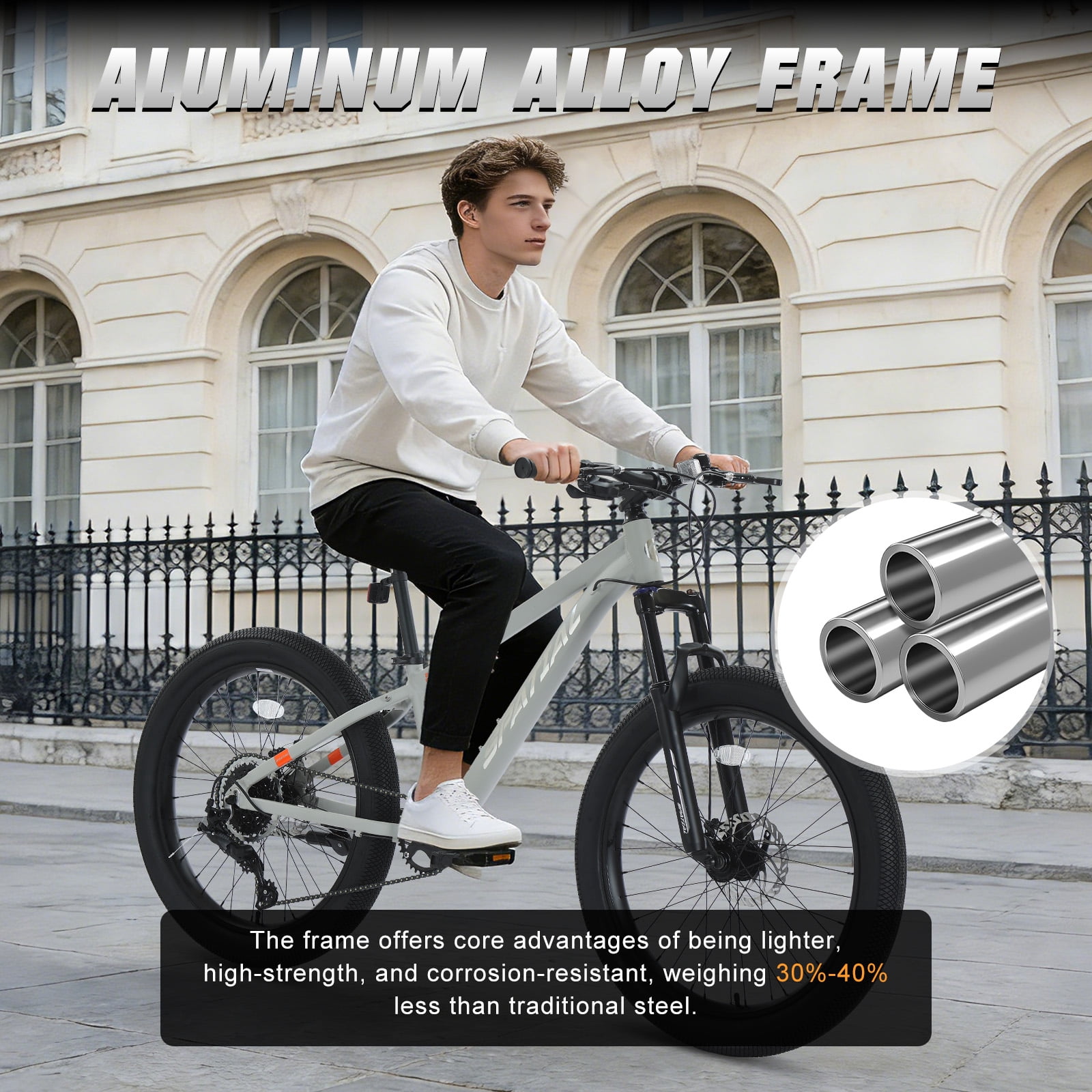 SPATIAL 24 inch Pro Fat Mountain Bike,8-Speed Gears MTB Mountain Bikes,Aluminum Frame Dual Disc Brakes,Cool Gray