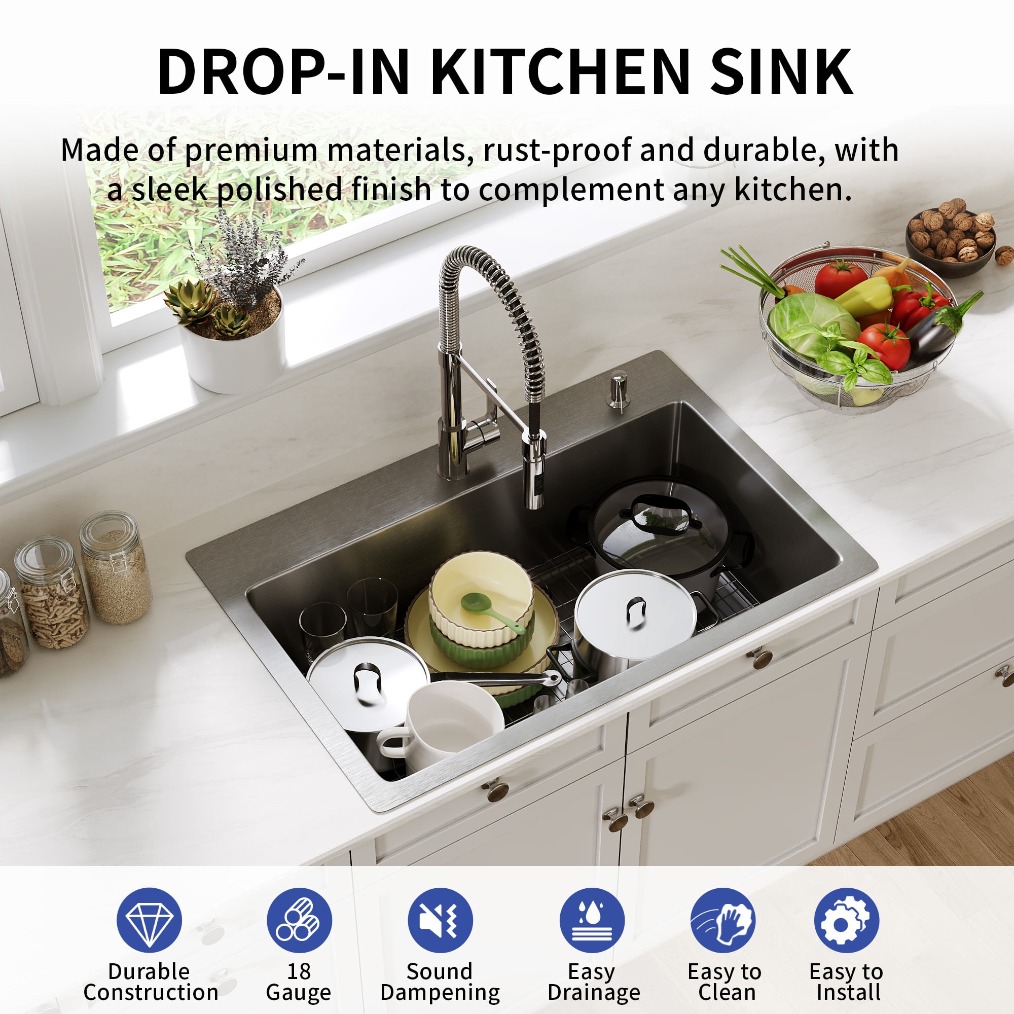 DeerValley 33 Inch Stainless Steel Kitchen Sink, Single Bowl 18 Gauge Drop In Kitchen Sink with Sink Grid and Basket Strainer, Silver Kitchen Sink for Homeowners, Kitchen Remodel & Replacement