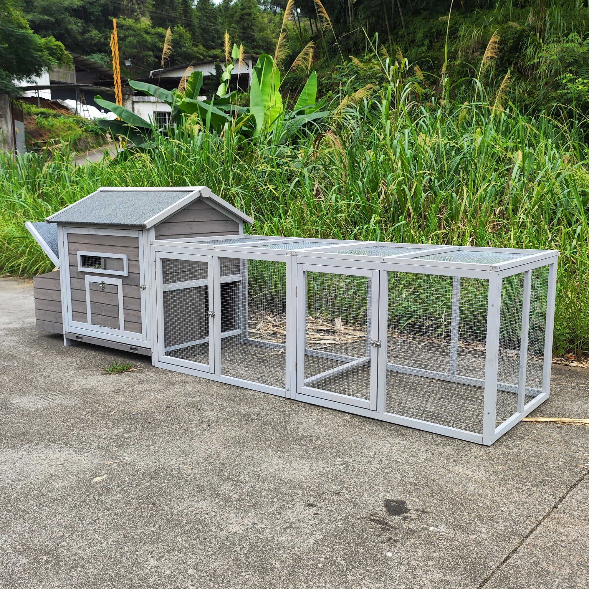 Chicken Coop Outdoor Hen House, Poultry Cage with Nesting Box and Free-Range Doors, Leakproof Pull-Out Tray and Ventilated Window, Solid Wood Large Chicken Run for Backyard, 118 Inch Gray