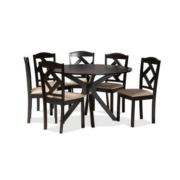 Baxton Studio Carlin Sand Fabric Upholstered and Dark Brown Finished Wood 7-Piece Dining Set