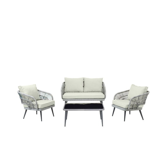 Manhattan Comfort Riviera 4-Piece Rattan Patio Conversation Set in Gray/Cream