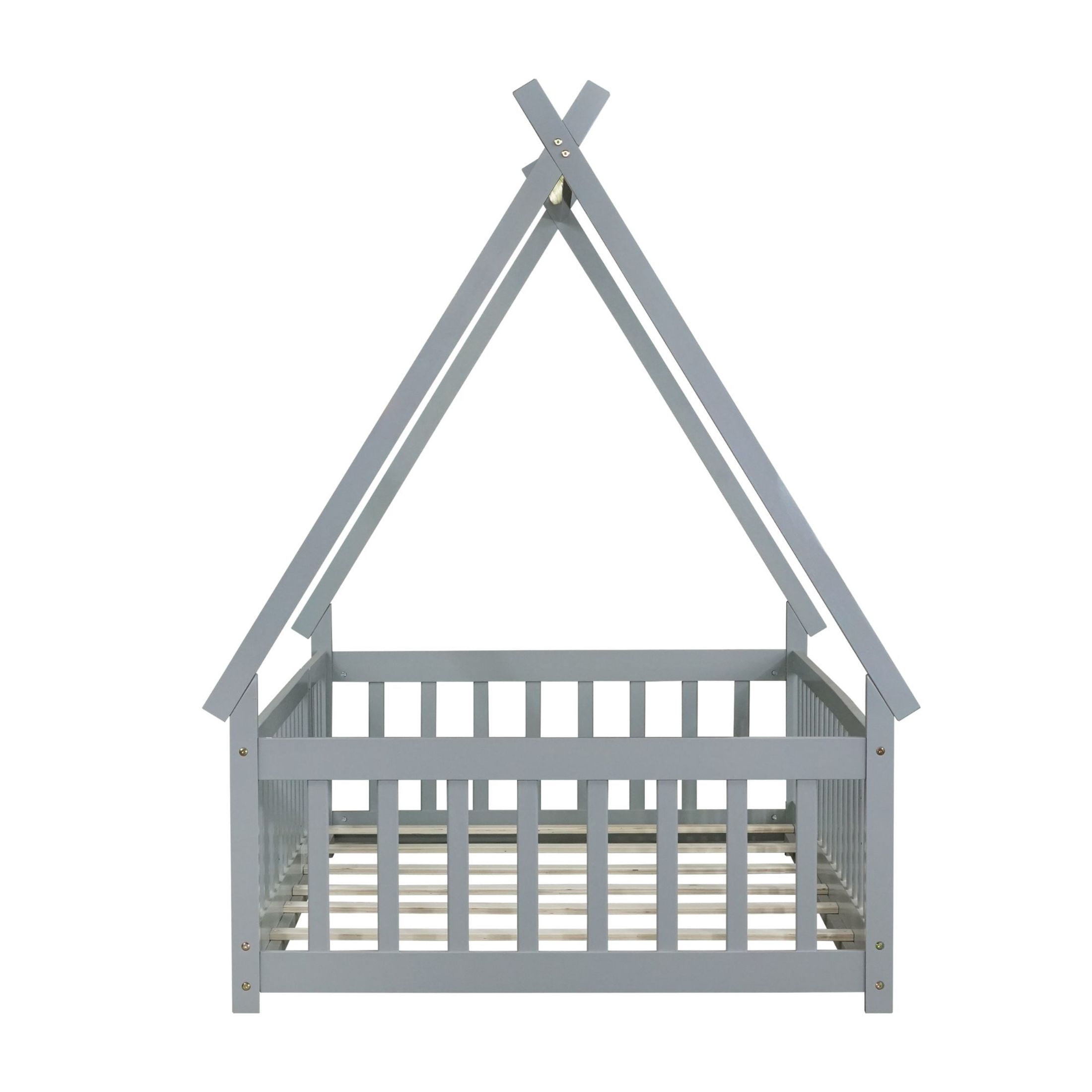 Noble House Misty Twin Teepee Floor Bed with Safety Fence and Door, Solid Rubber Wood Tent Bed, Kid's Room, Gray
