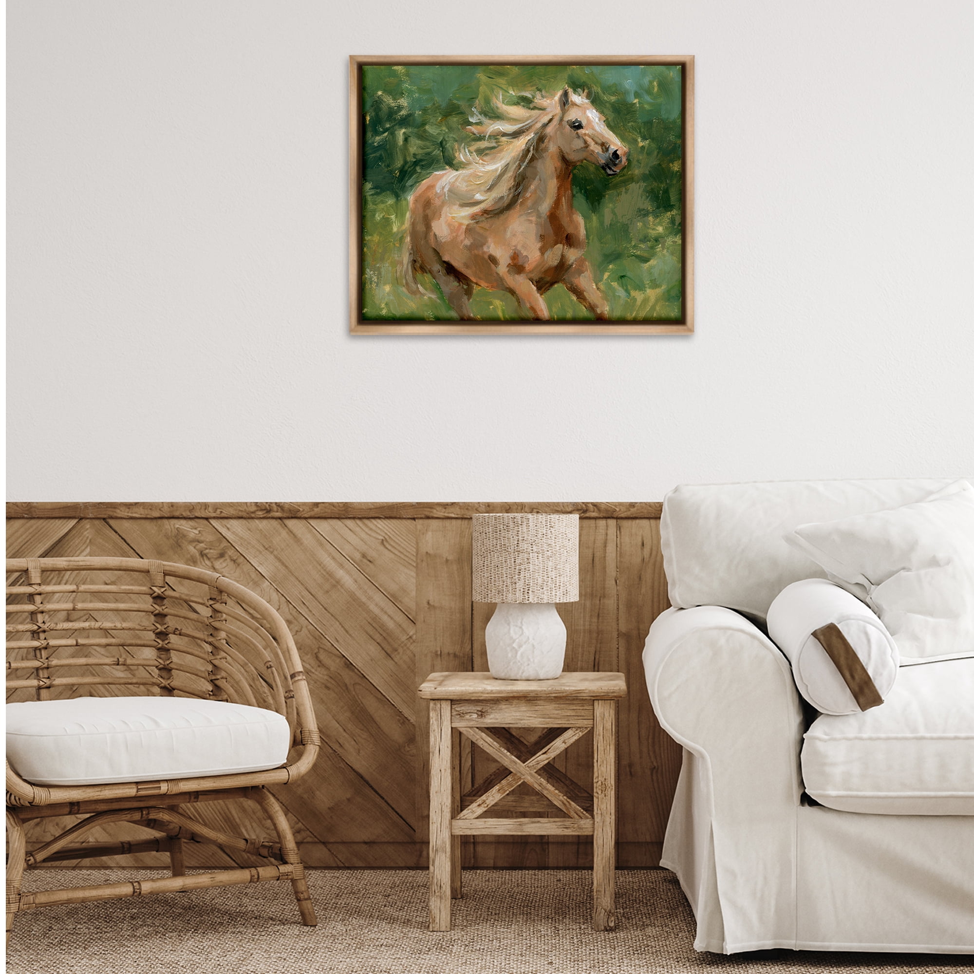 Stupell Industries Dashing Horse in Nature Animals Painting Brown Floater Framed Canvas Art Print Wall Art, 31 x 25