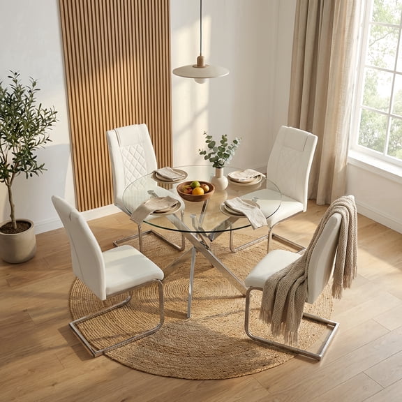 Atumcto 5-Piece Round Glass Dining Table Set for 4, 35.5" Modern Kitchen Table Set with 4 Chairs, Silver Metal Legs