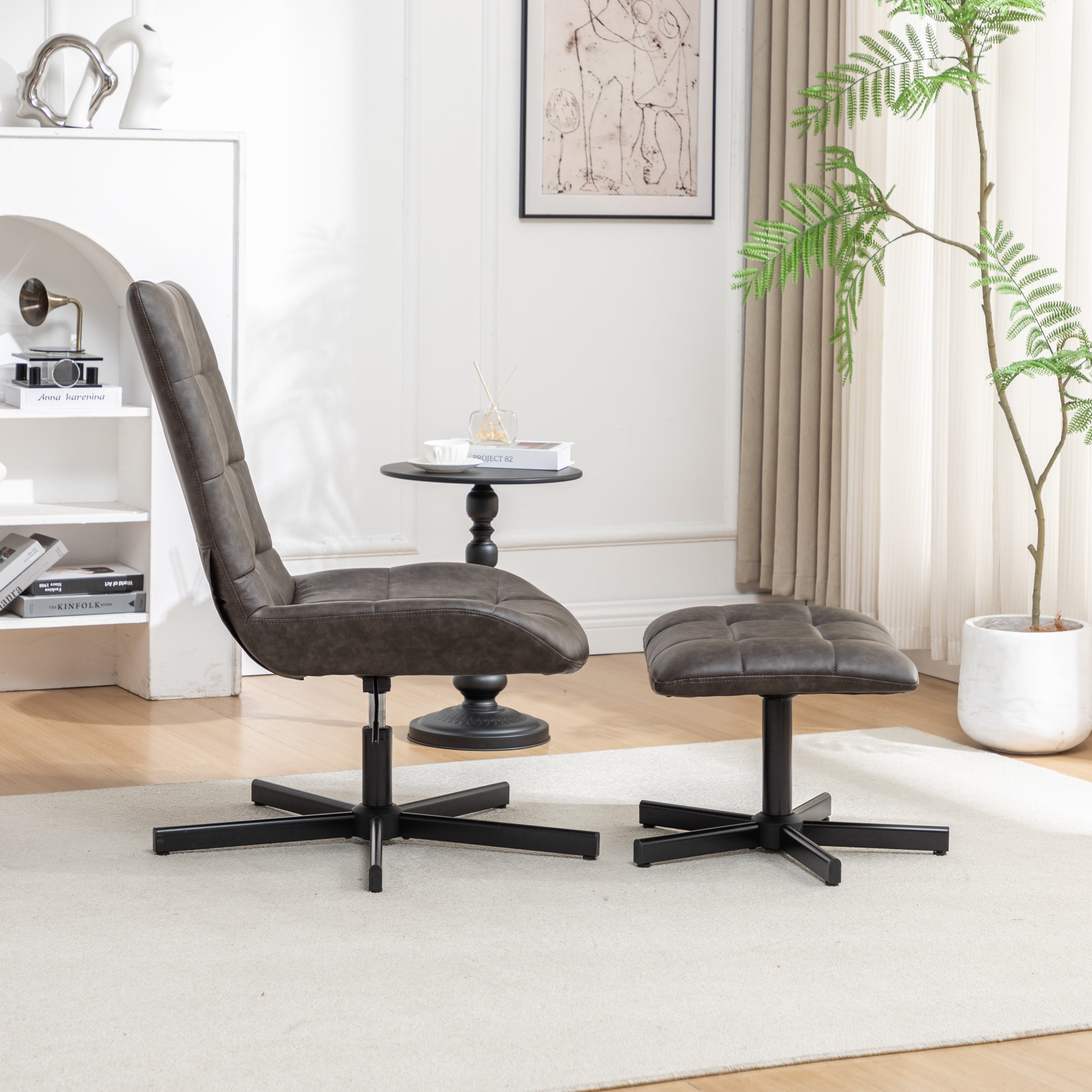 Roundhill Furniture Arlena 2-Piece Seating Set, Faux Leather Tufted Accent Chair and Ottoman, Brown