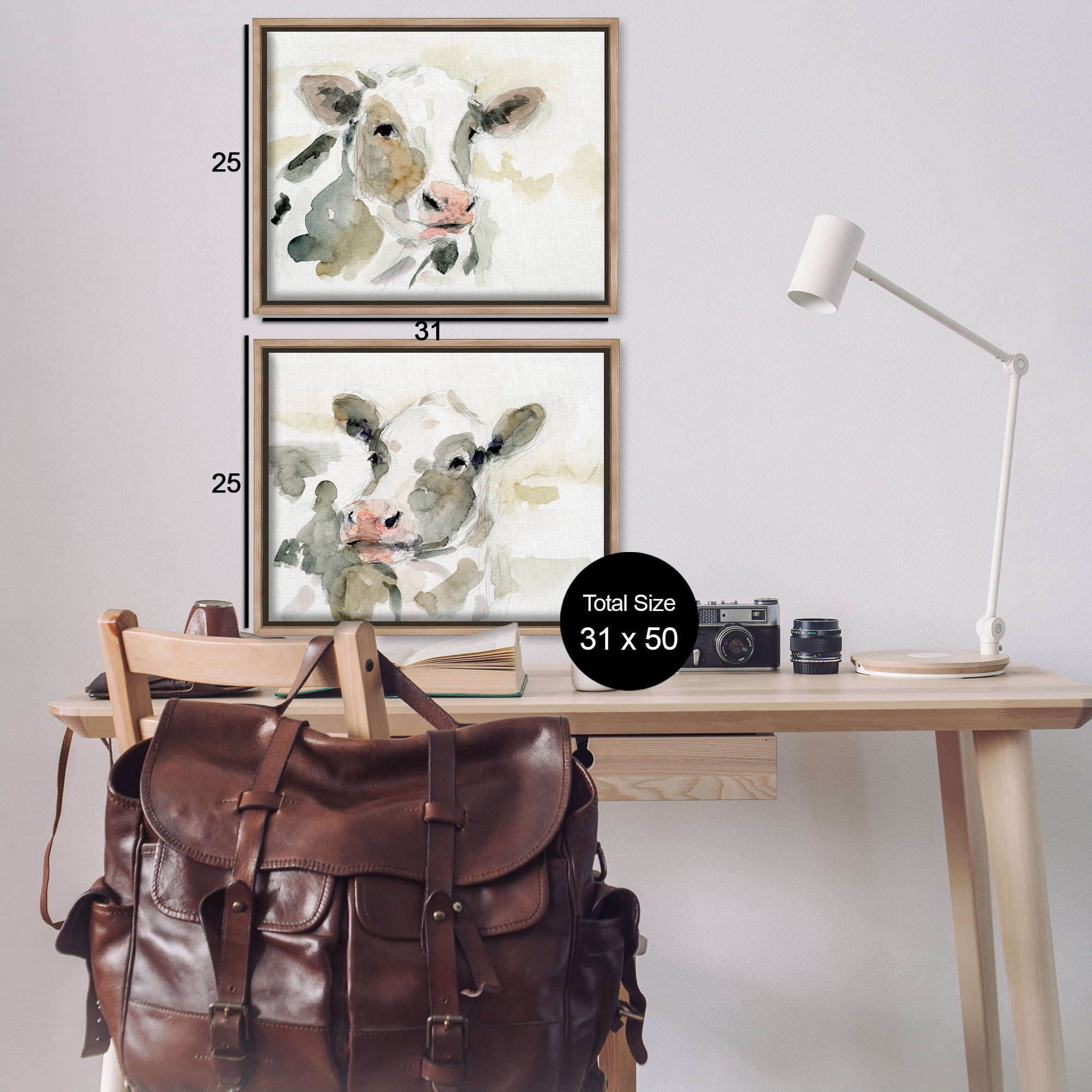 Stupell Industries Watercolor Holstein Farm Cows Animals Painting Brown Floater Framed Canvas Art Print Wall Art, 31 x 25, Set of 2