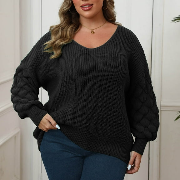 Qulqfy V Neck Sweaters Women Plus Size Black Cable Knit Slouchy Pullover Long Sleeve Shirts Fall Sweaters for Women L