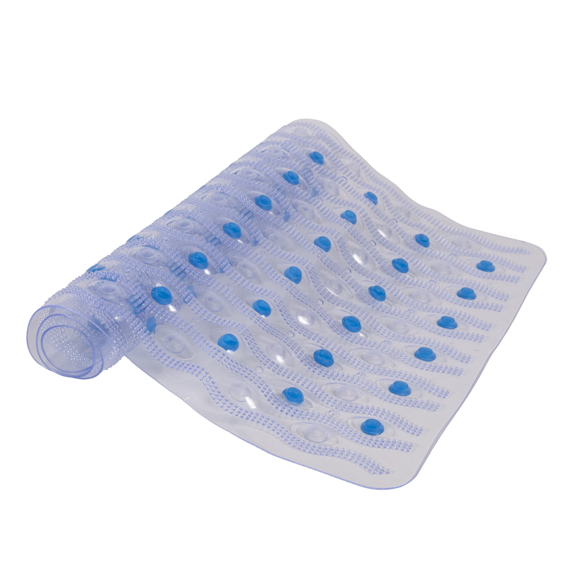 Kenney® Inside the Shower Vinyl Semi-Brushed Bath Mat with Suction Cups and Drain Holes, 27.5" L x 15.5" W, Clear and Blue