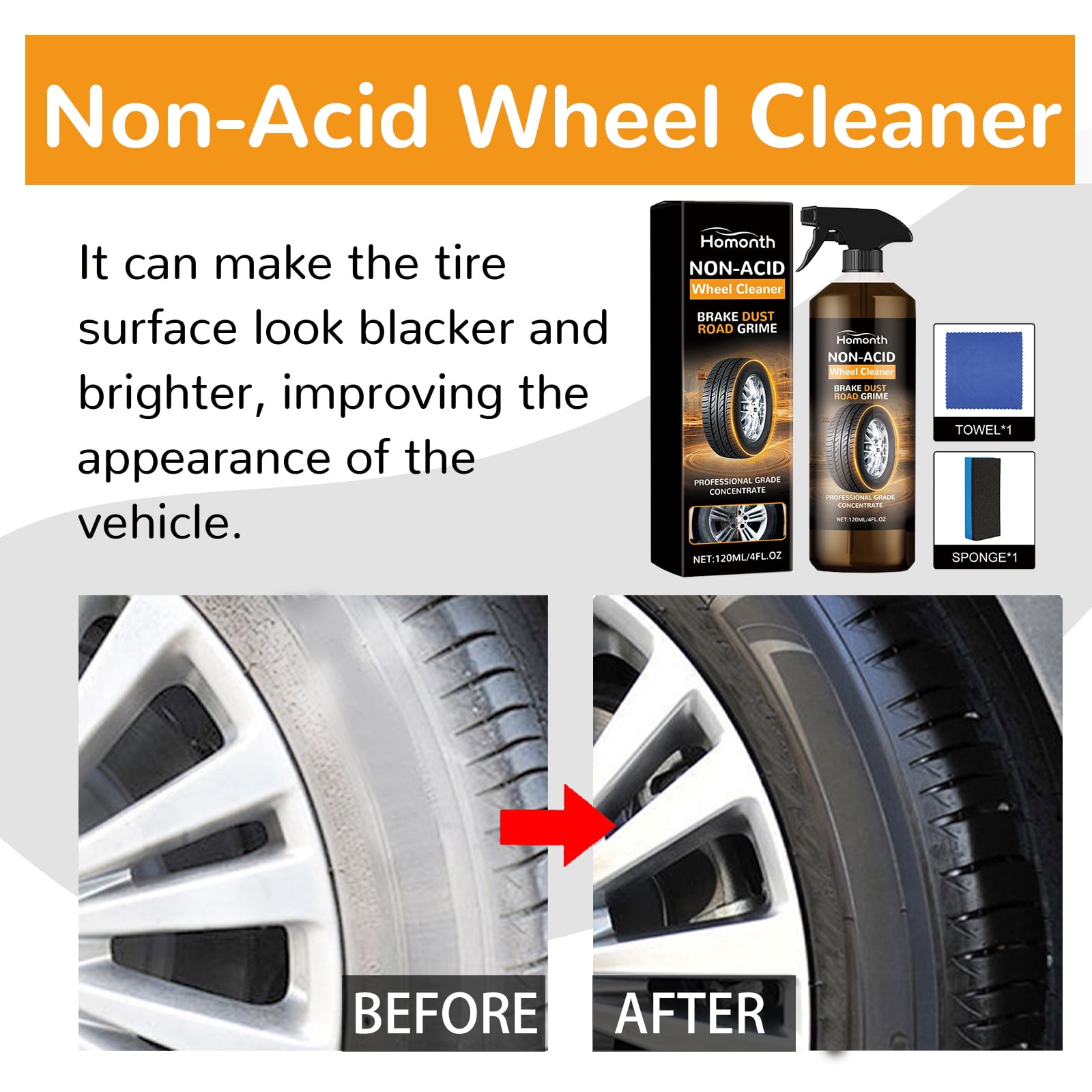 Homonth Non-Acid Wheel Cleaner, Wheel Hub Renovation Cleaning And Polishing Maintenance Multi-Functional Cleaning Agent