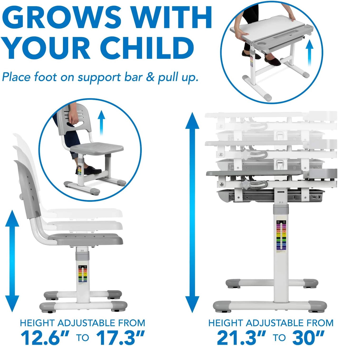 DYPDM Desk and Chair Set Height Adjustable Ergonomic Children's School Workstation with STORAGE Drawer Grey (Grey)