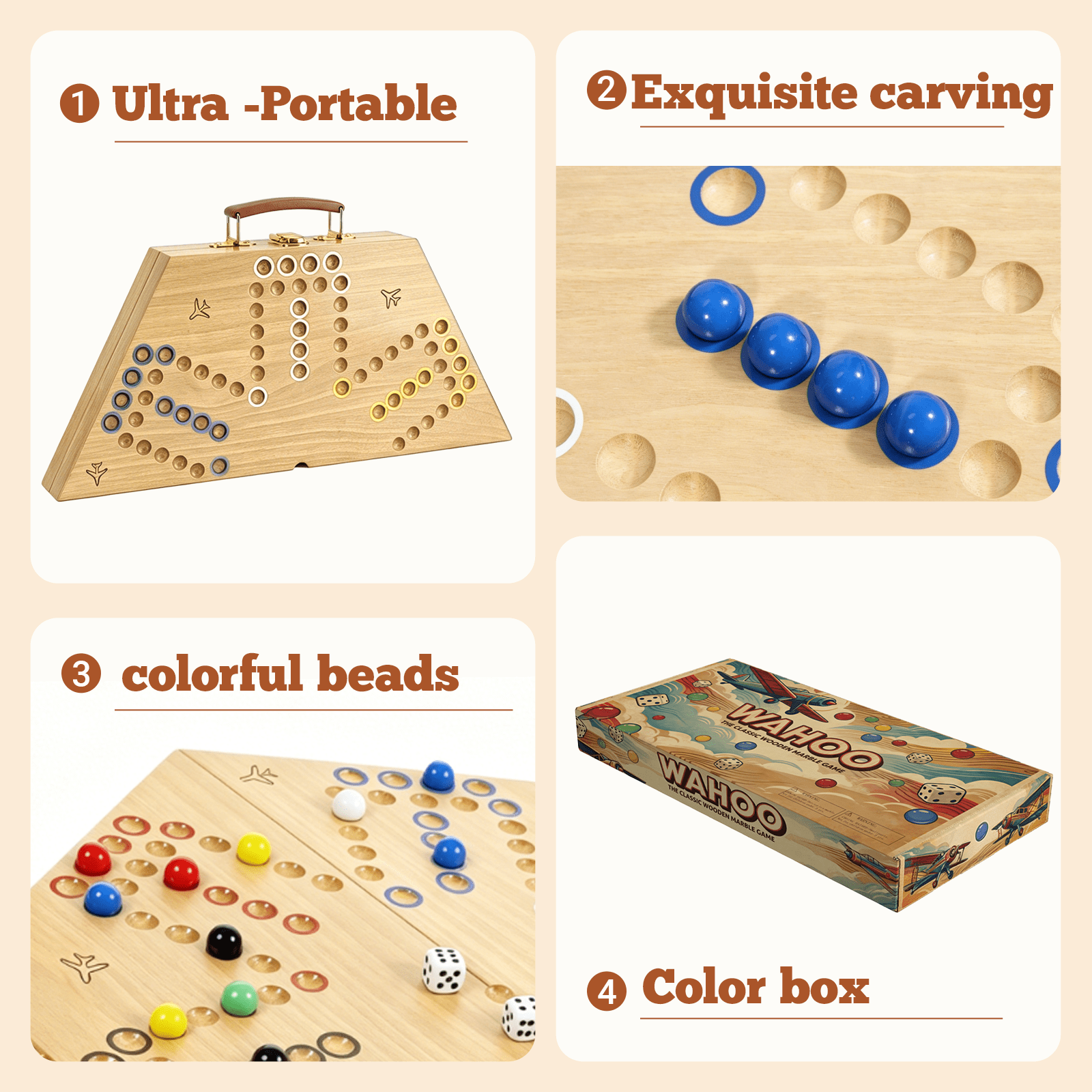 Grhonior Folding Wooden Wahoo Aggravation Marble Board Game Set Classic 6 Player with Integrated Accessory Storage 1 Pack Large 21 Inch
