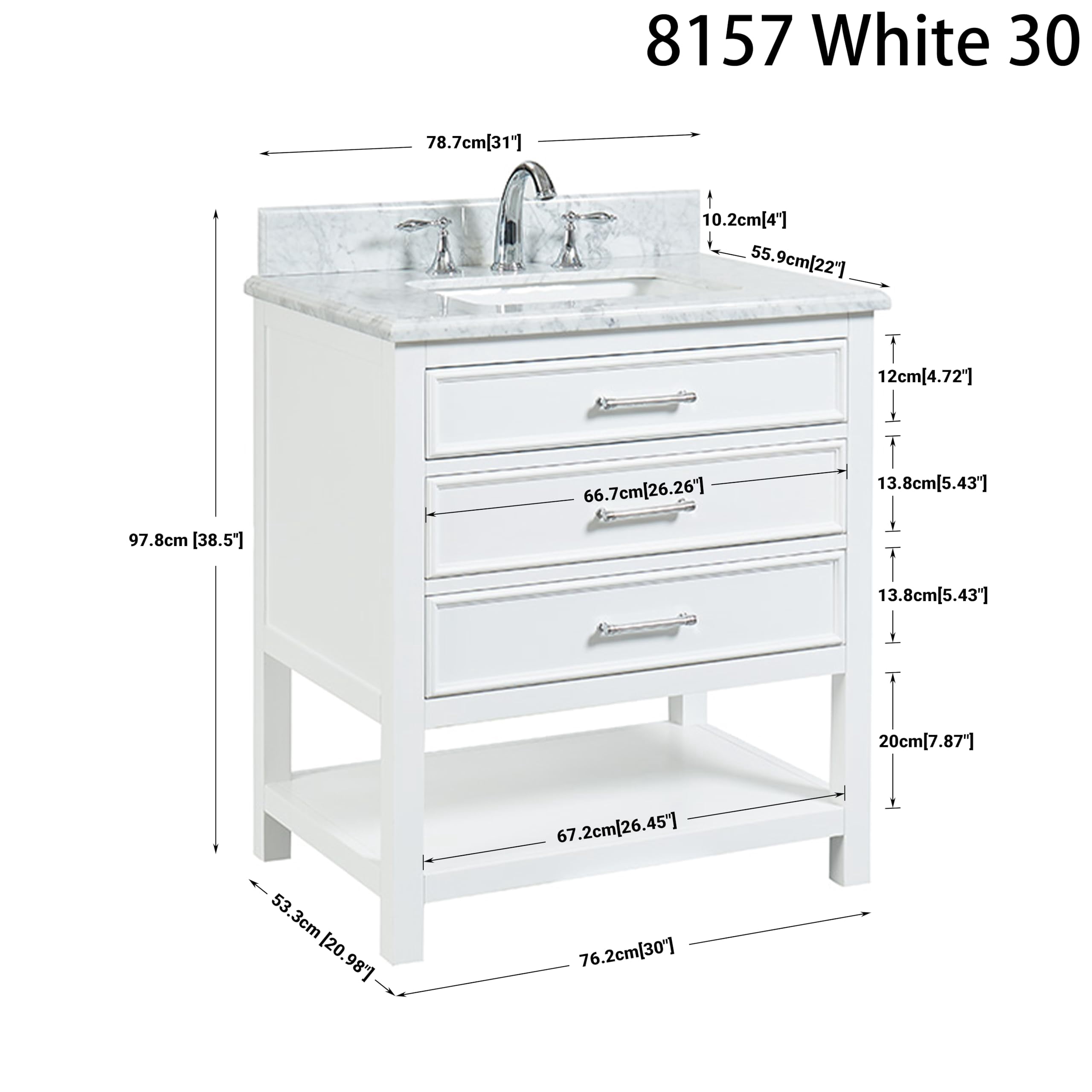 Manhattan 30" Single Bathroom Vanity, 31" W x 22" D x 34.5" H, Carrara Marble Top with Sink & Backsplash, Dove White, Solid Wood, Pre-Assembled, 3 Soft-Close Drawers, 1 Shelf